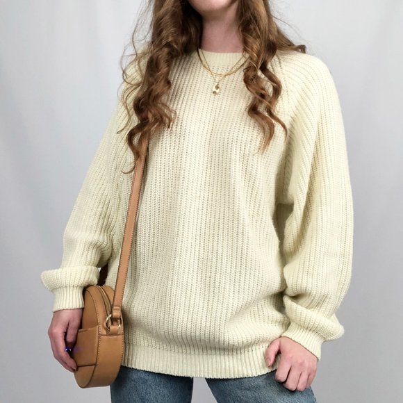 Vintage Oversized Slouchy Ribbed Cable Knit Crew Neck Sweater Preppy Academia - Picture 3 of 8